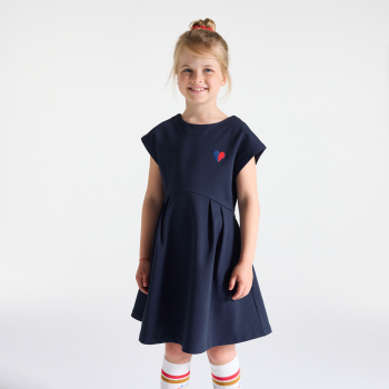 فستان بأكمام قصيرة أزرق داكن مطرز عليه قلب، للفتيات 